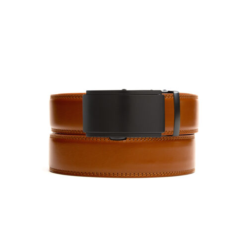 Walnut colored holeless belt strap with black ratchet buckle