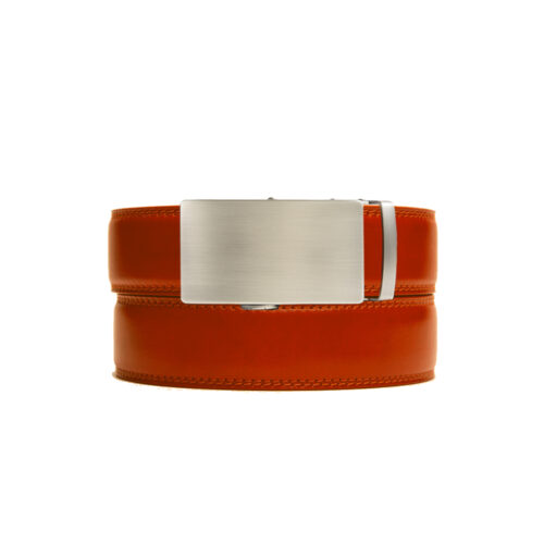 Apricot colored holeless belt strap with brushed silver ratchet buckle