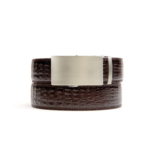 Brown faux crocodile leather belt strap with ratchet buckle in gunmetal finish