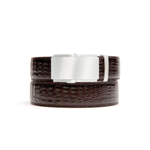 Brown faux crocodile leather belt strap with silver ratchet buckle