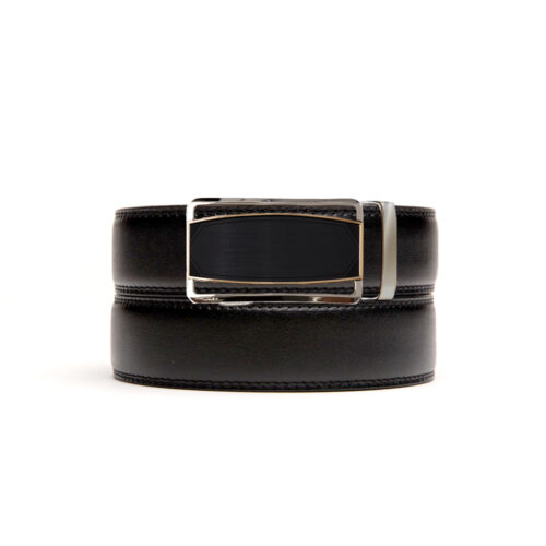 black leather no hole strap with ratchet buckle in silver/gold/black