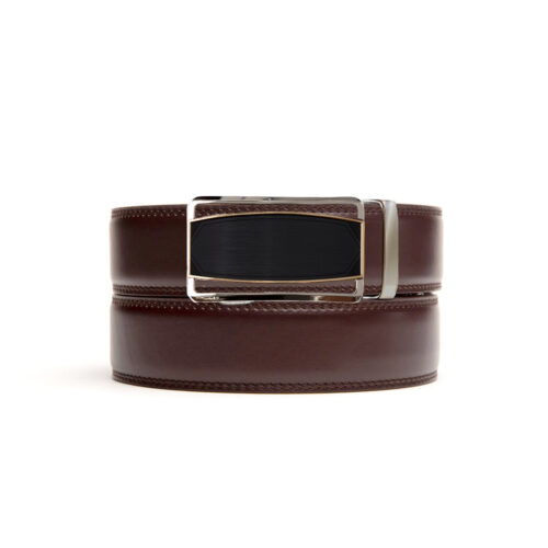 no hole leather belt strap in espresso color with a silver/gold/black ratchet buckle