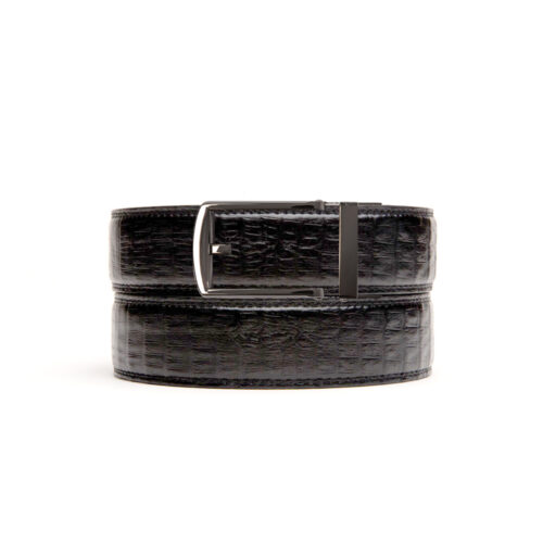 black faux crocodile no hole belt strap with silver ratchet belt buckle
