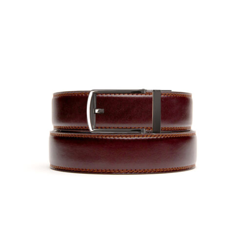 mahogany colored no hole belt strap with silver ratchet belt buckle