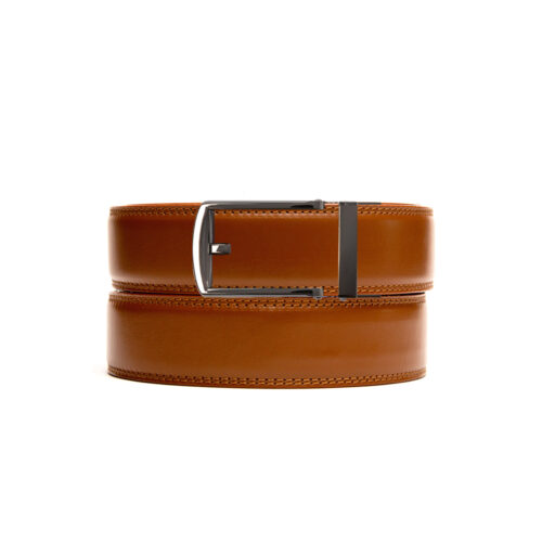 brown no hole leather belt strap with silver ratchet belt buckle