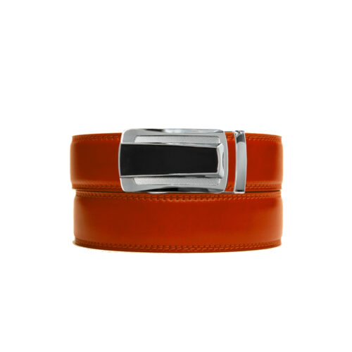 orange no hole belt strap with silver/black ratchet belt buckle