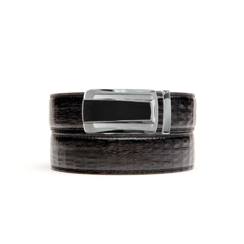 black no hole belt strap with silver and black onyx ratchet belt buckle