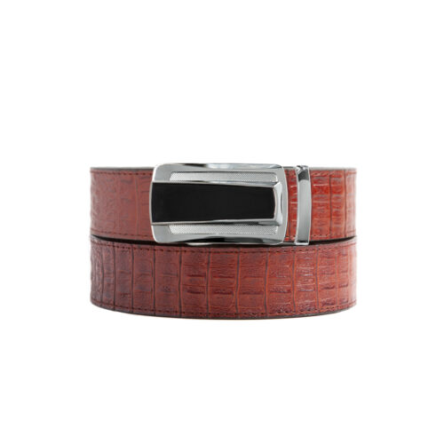 no hole textured leather belt strap with silver and black onyx ratchet belt buckle