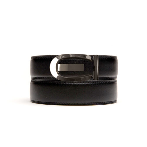 black leather no hole belt strap with bronze ratchet belt buckle