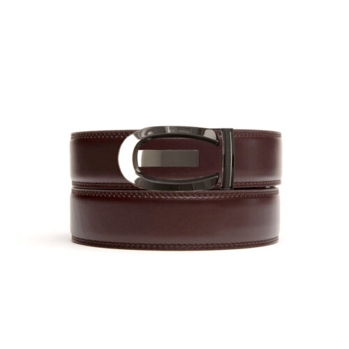 dark brown no hole belt strap with bronze ratchet belt buckle