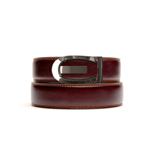 brown no hole belt strap with bronze ratchet belt buckle