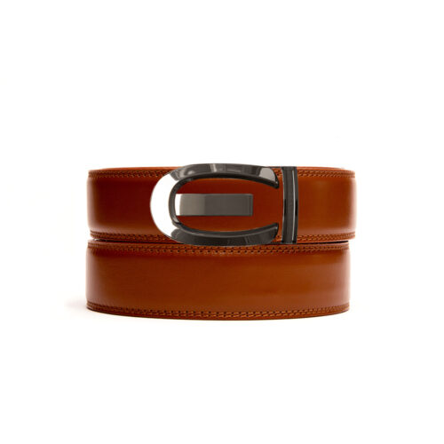 brown leather no hole belt strap with bronze ratchet belt buckle