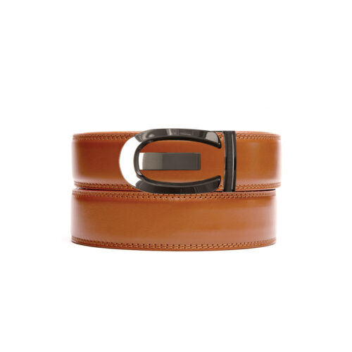 tan leather no hole belt strap with bronze ratchet belt buckle