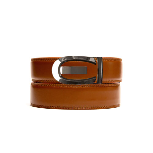medium brown no hole belt strap with bronze ratchet belt buckle