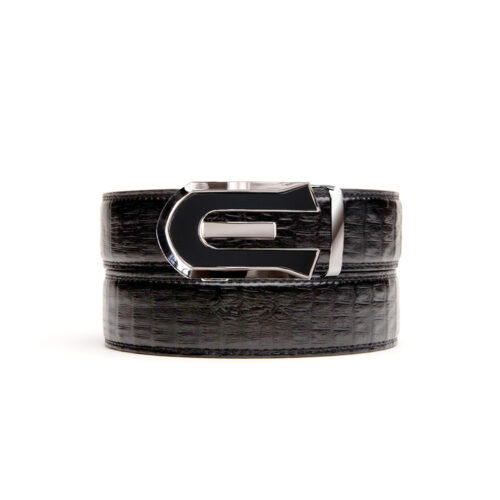 black no hole belt strap in faux croc with black and silver ratchet belt buckle