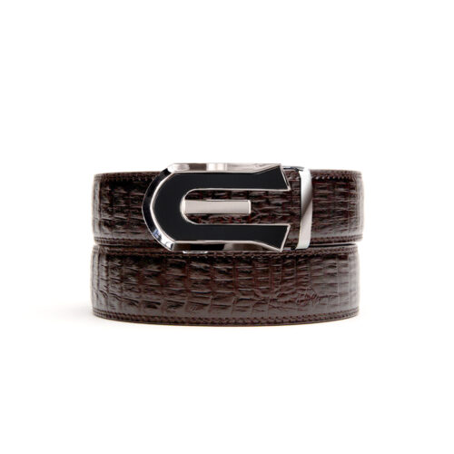 no hole belt strap in faux brown croc with silver and black ratchet belt buckle