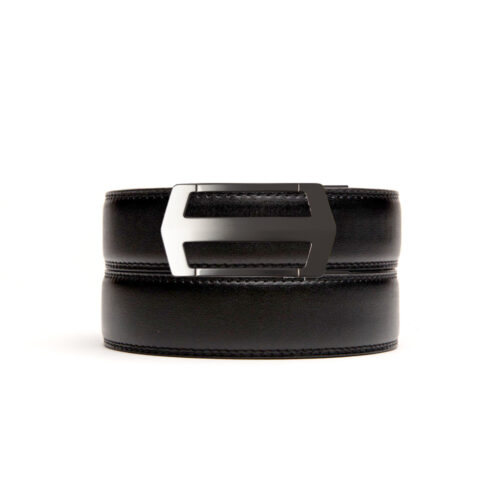 black leather no hole belt strap with matte black ratchet belt buckle