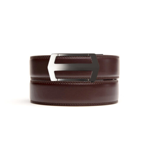 dark brown no hole belt strap with matte black ratchet belt buckle
