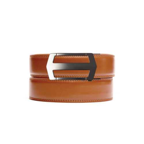 tan no hole leather belt strap with matte black ratchet belt buckle