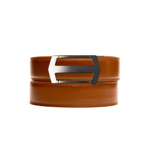 no hole leather belt strap in medium brown with a ratchet belt buckle in matte black