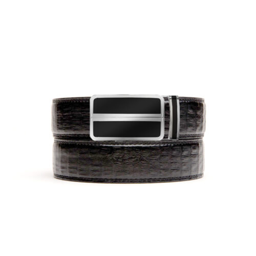 silver and black ratchet belt buckle with black textured no hole belt strap