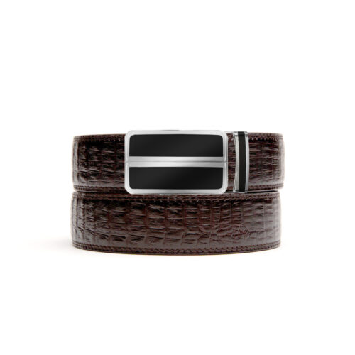 brown textured no hole belt strap with black and silver ratchet belt buckle