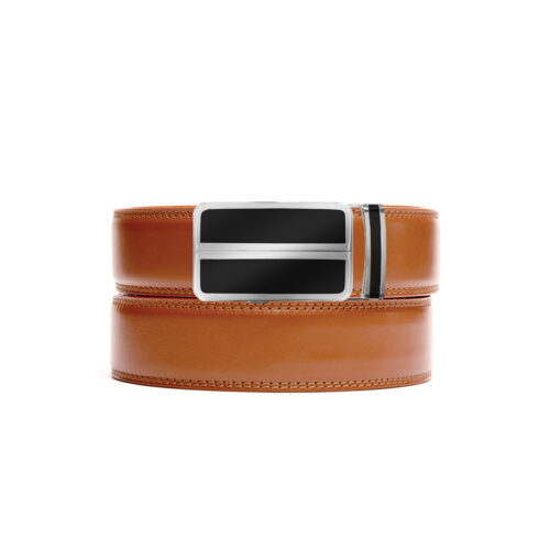tan no hole belt with black and silver ratchet belt buckle