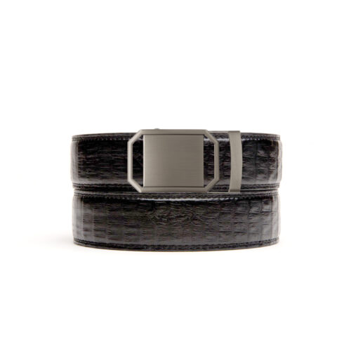 textured black no hole belt strap with ratchet belt buckle