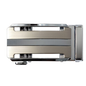 Shiny silver frame surrounding silver striated bars ratchet belt buckle