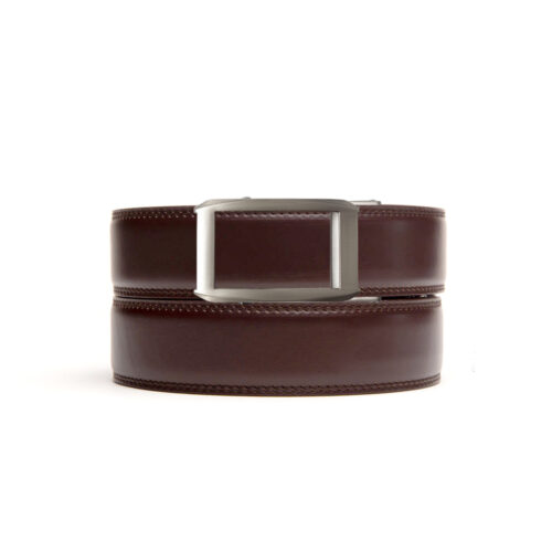 dark brown no hole belt strap with gunmetal ratchet belt buckle