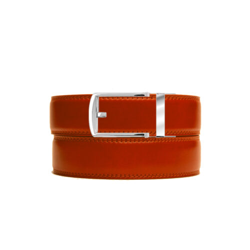 orange no hole belt strap with silver ratchet belt buckle