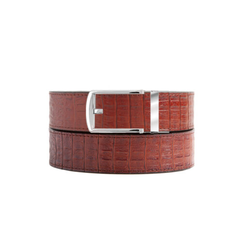 textured no hole leather belt strap with silver ratchet belt buckle