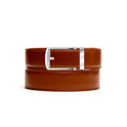 brown leather no hole belt strap with silver ratchet belt buckle