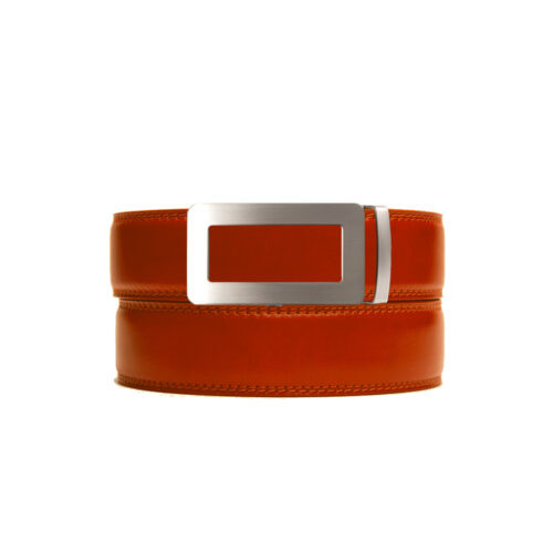 orange leather no hole belt strap with ratchet belt buckle