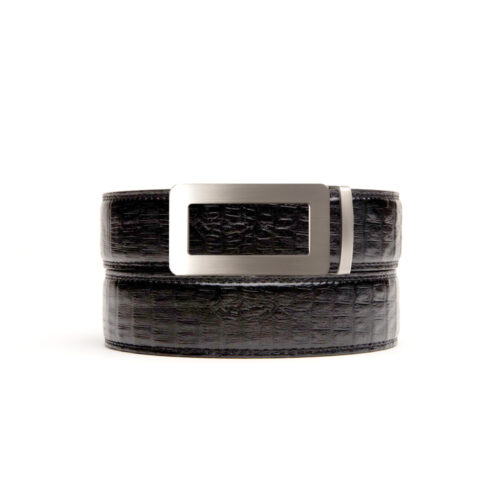 black textured leather no hole belt strap with ratchet belt buckle