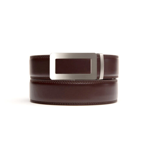 dark brown leather no hole belt strap with ratchet belt buckle