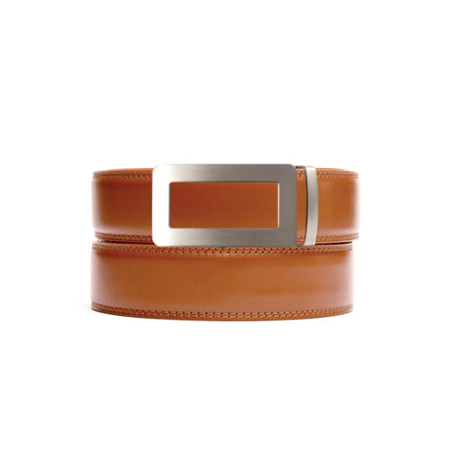 tan no hole belt strap with gunmetal ratchet belt buckle