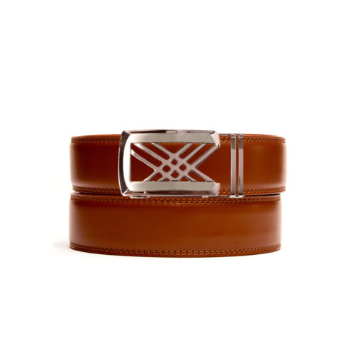 medium brown no hole belt strap with rose gold ratchet belt buckle
