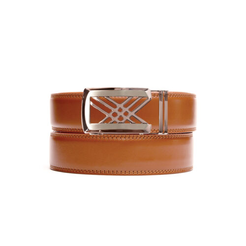 tan no hole leather belt strap with rose gold ratchet belt buckle