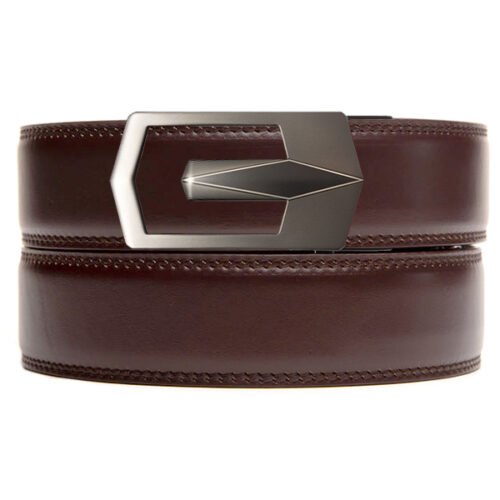 dark brown holeless belt strap with gunmetal ratchet buckle