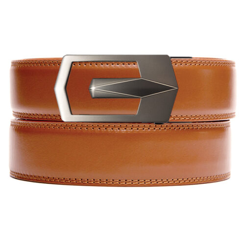 tan holeless leather belt strap with gunmetal ratchet buckle