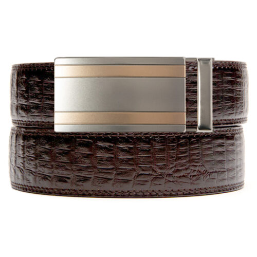 brown faux crocodile leather no hole belt strap with silver/copper ratchet buckle