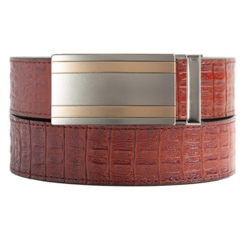 red/brown textured no hole belt strap with silver/copper ratchet buckle