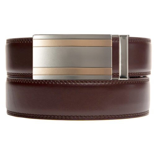 dark brown no hole leather belt strap with silver/copper ratchet buckle