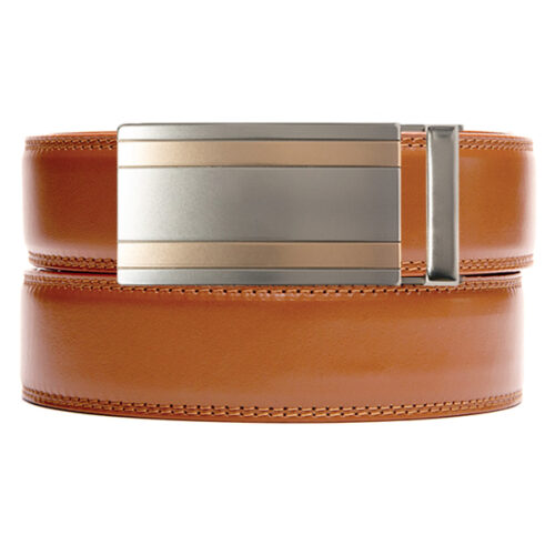 tan leather no hole belt strap with silver/copper ratchet buckle