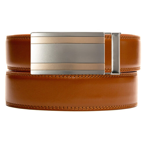 brown leather no hole belt strap with ratchet buckle
