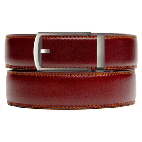 brown holeless belt strap with ratchet buckle