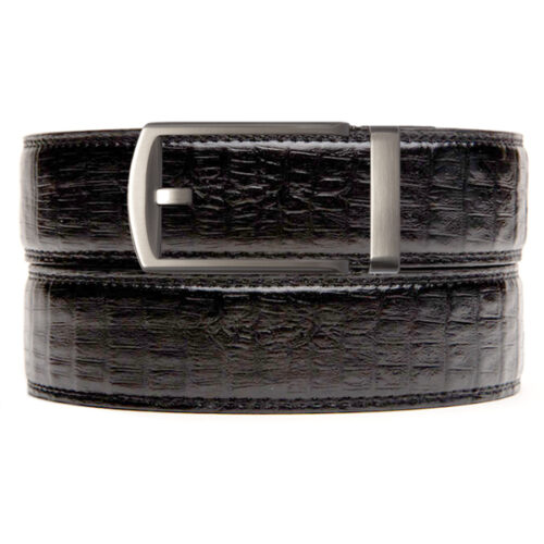 faux black crocodile holeless belt strap with gunmetal ratchet buckle