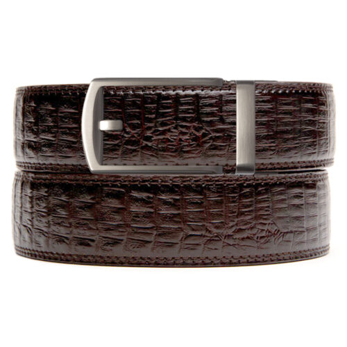 brown textured holeless belt strap with gunmetal ratchet buckle