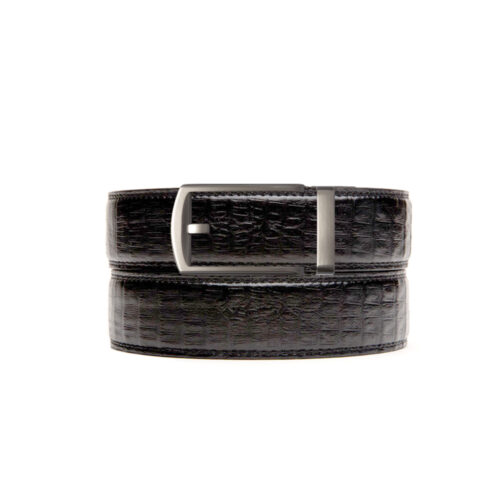 black textured holeless belt strap with gunmetal ratchet buckle